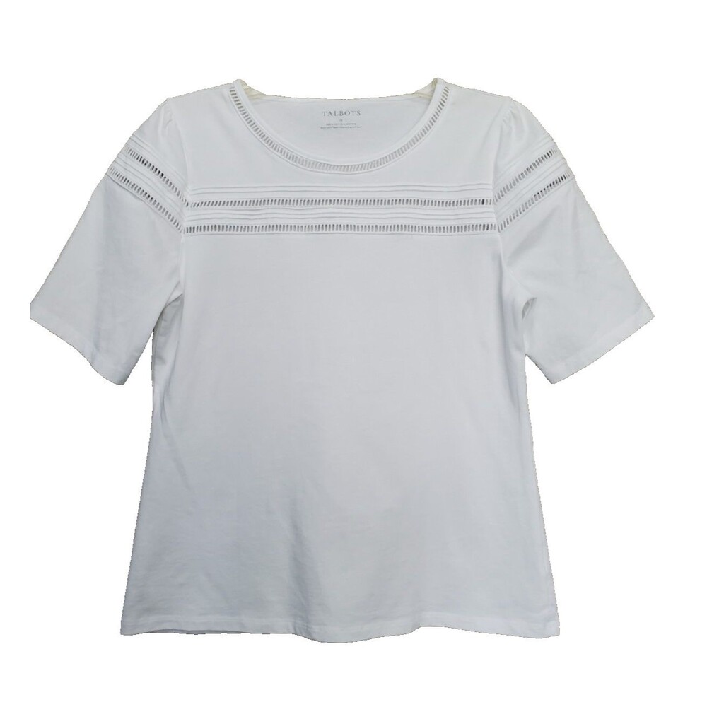 Talbots Cotton White Cutwork Short Sleeve Knit Top Size Medium